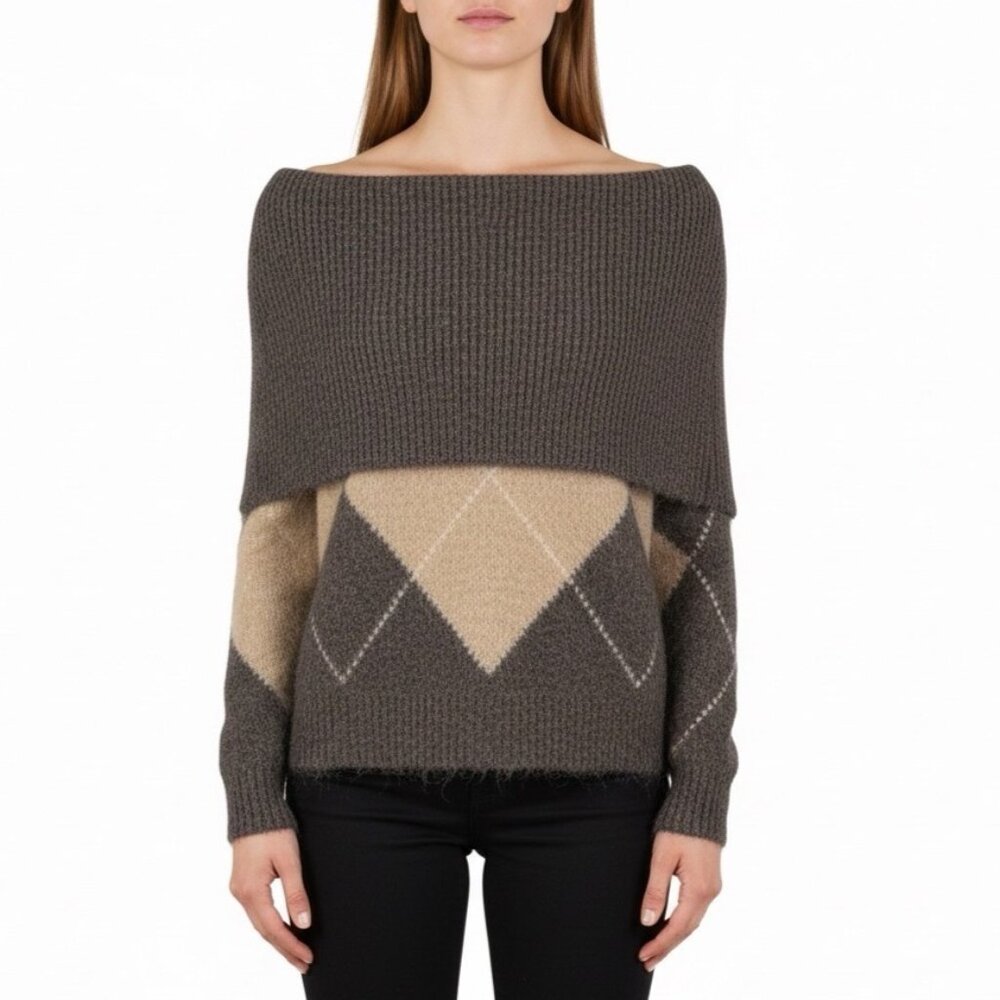 Zara Off-the-Shoulder Argyle Knit Sweater in Gray and Beige